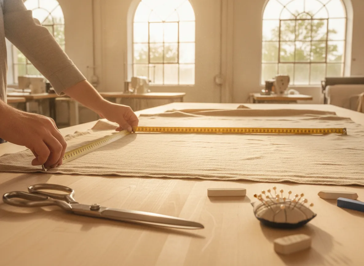 Cotton cloth being measured and cut to size at the workbench