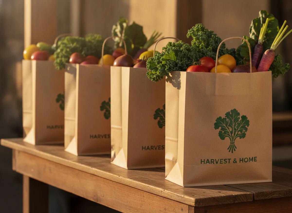 Branded kraft grocery bags filled with fresh vegetables