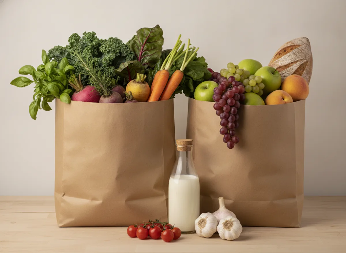 Two kraft grocery bags filled with vegetables, fruit and bread