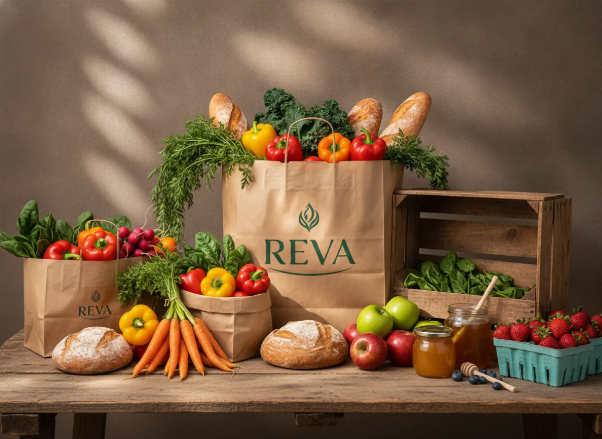 Reva Packaging kraft grocery bags filled with fresh vegetables and produce