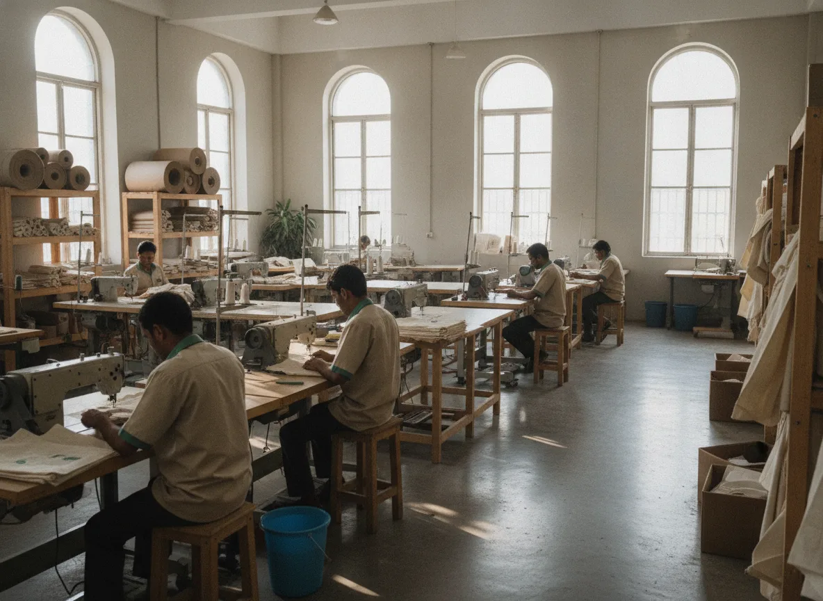 A workshop floor where cotton and paper bags are cut, stitched, and finished